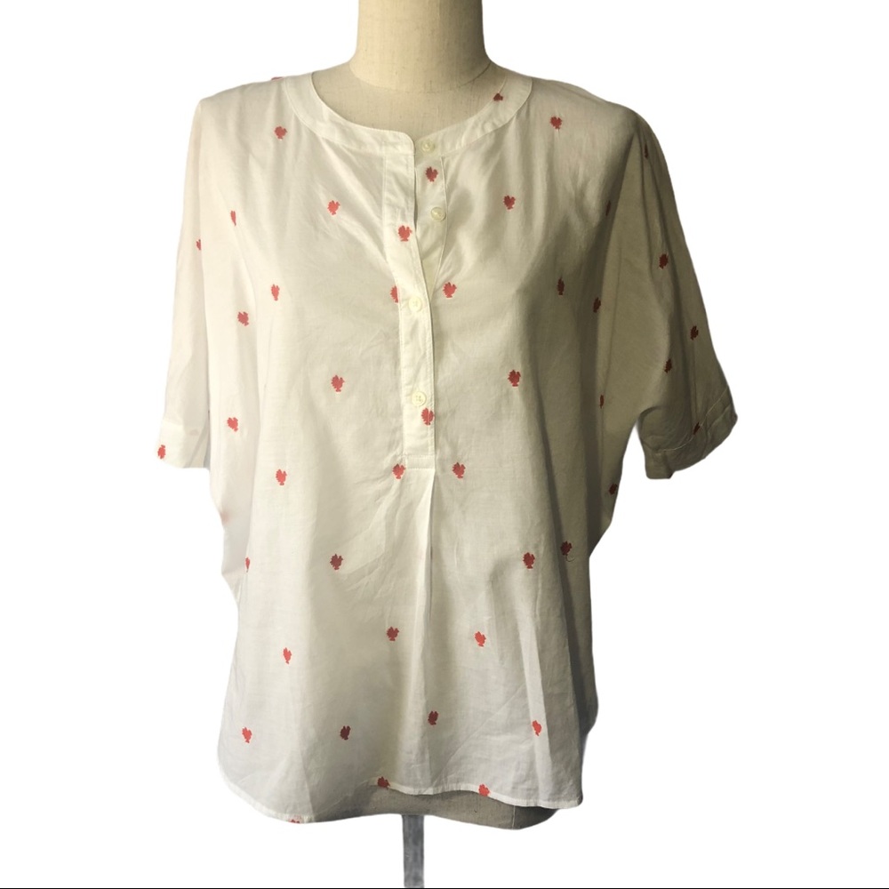 Loft SP red embroidered short sleeve white blouse